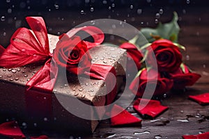 Red roses and gift box with water drops on wet wooden surface.