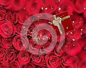 Red roses with gold background ,greetings card banner For Valentine day and Women day pattern