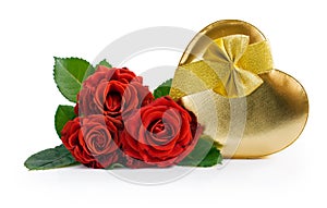 Red roses and golden gift box in heart shape