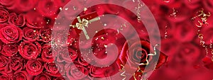 Red roses   bouquet festive  background  with gold elements and gift box ,template greetings card banner For festive  Valentine da
