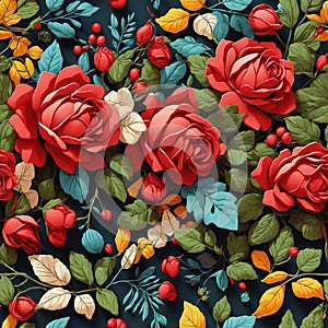 Red Roses Green Leaves Seamless Pattern Colorful Digital Background Floral Design - ai generated