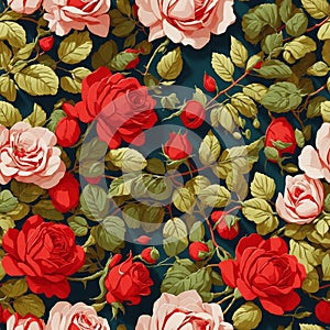 Red Roses Green Leaves Seamless Pattern Colorful Digital Background Floral Design - ai generated