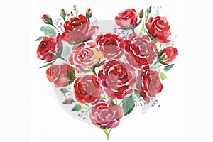 Red roses in heart shape for Valentines Day watercolor illustration