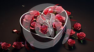 Red roses and heart-shaped gift box with ribbon on black background. Generative AI