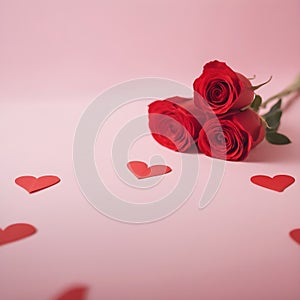 red roses and hearts on a pink background