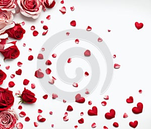 Red Roses and Hearts on White Background, Happy Valentine's Day, Romantic Design Concept, AI