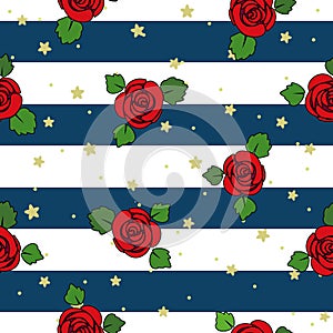 Red roses and leaves, cartoon vector illustration, over white and blue stripes and stars, background, seamless pattern