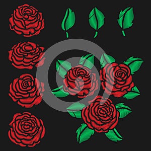 Red roses and leaves embroidery set on black background. Isolated elements.