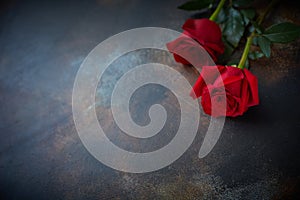 Red roses lie on a textured spotted marble background. A sign of condolence, sympathy for the loss. Space for your text