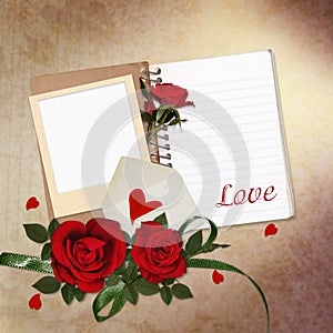 Red roses, notepad, frame on vintage background