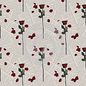 Red roses and petals spreaded over printed papers seamless pattern