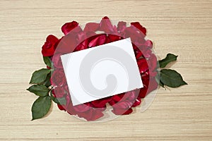 red roses petals and white blank paper