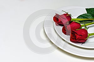 Red Roses on a plate. Romantic composition for Valentine`s Day, Anniversary, Events. Place for text