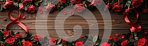Red Roses and Ribbon Romantic Floral Frame on Wooden Background