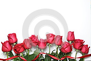 Red roses with ribbon on white background. Valentine's Day, anniversary and congratulations background.