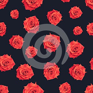 Red roses romantic fabric seamless pattern. Red flower on a dark blue background. Vintage decorative fashion texture print on