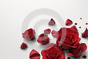 Red roses and rose petals on white background