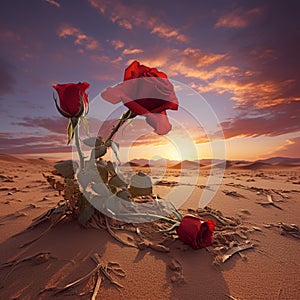 Red roses on the sand in the desert at sunset. 3d render