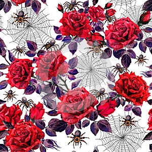 Red roses, spiders, web. Halloween seamless pattern with floral ornament. Watercolor gothic background with grunge