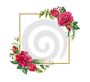 Red roses, square golden border. Watercolor frame with flowers, wild grass and gold