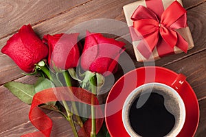 Red roses, Valentines day gift box and coffee