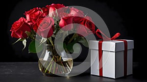 Red roses in a vase and white gift box with red ribbon on a dark table