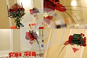 Red roses in wedding ballroom, multicam, grid, screen split in four parts