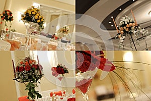 Red roses in wedding ballroom, multicam, grid, screen split in four parts