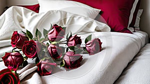 Red roses on a white bed. close-up. Valentine's Day, wedding