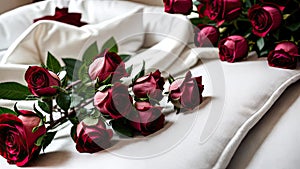 Red roses on a white bed. close-up. Valentine's Day, wedding