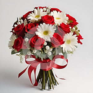 Red roses white Gerbera flowers valentine bouquet on white background