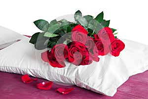 Red roses on a white pillow