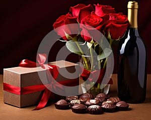 red roses wine bottle with glass and chocolate box.