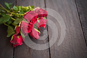 Red roses on wood background,Retro vintage ,