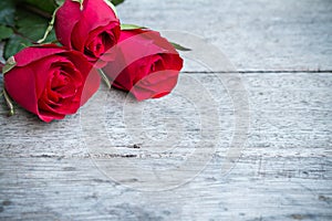 Red roses on woonden background. Valentine's day background.