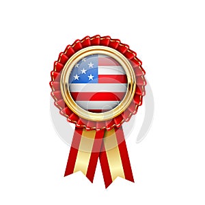 Red rosette with USA flag in gold badge, American award icon or quality symbol of United States of America