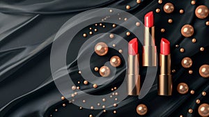 Red rouge and liquid gloss tubes on black silk draped fabric background with gold pearls. Luxury promo poster for