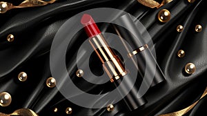 Red rouge and liquid gloss tubes on a black silk fabric background with gold pearls. Luxury promotion poster for