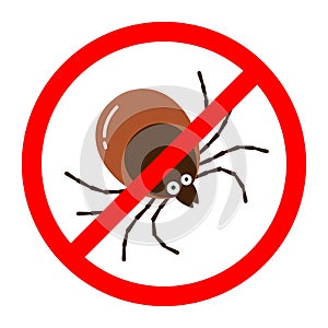 Red round anti tick warning sign with detailed tick insect bug.