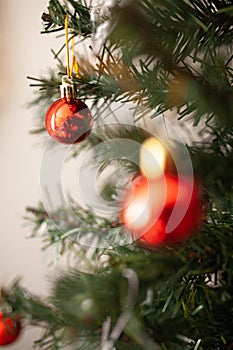 Red round Christmas tree ornament on green branch with copy space and string lights on the background.