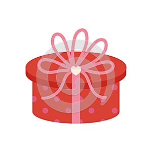 Red round gift box, vector icon. Cute closed container with polka dots, bow, holiday ribbon, heart. Surprise for