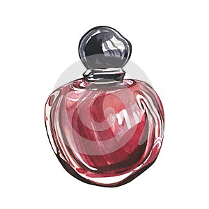Red round glass perfume bottle isolated on white background. Watercolor hand drawn illustration. Art for fashion design