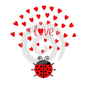 Red round lady bug insect with hearts. Cute cartoon character. Word Love Greeting card. Happy Valentines Day. White background. Fl