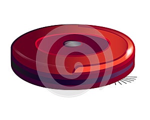 Red, round robot vacuum cleaner - vector full color picture. Robotic, wireless, self-contained red vacuum cleaner. Vacuum cleaner