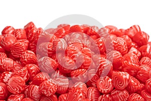 Red round tasty gummy candies islolated on a white background
