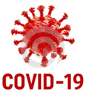 Red round virus cell dangerous Chinese pathogen respiratory flu coronavirus COVID-19 with drops of blood on white background. Crea