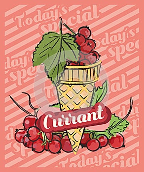 Red Rowan berry ice cream scoop in cones. Vector sketch illustration. Fruit ice cream idea, concept