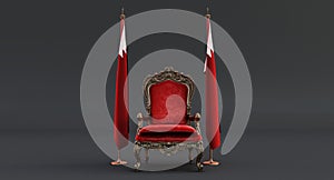 Red royal chair on a dark background betwin two flags, kingdom of bahrain flag state symbol, flag of bahrain hanging on a flag pol