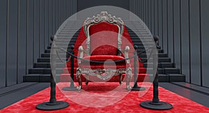 Red royal throne on a darck background, empty throne in palace hall with barrieres