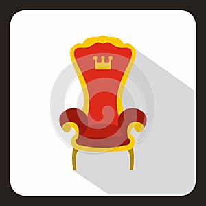 Red royal throne icon, flat style